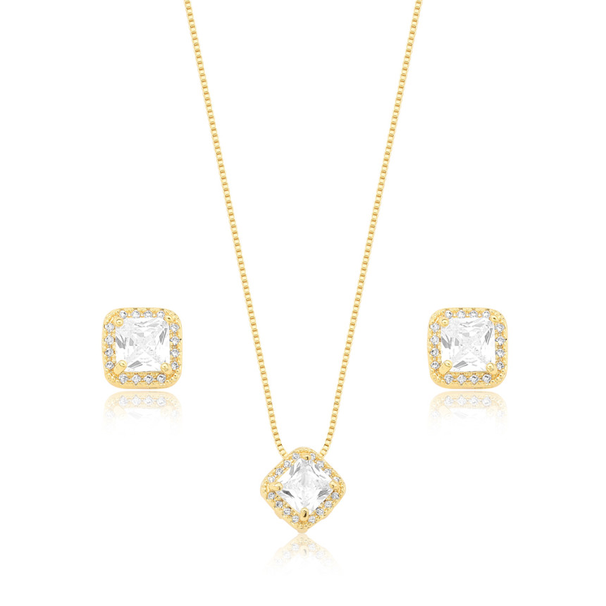 Conjunto Zircônia Quadrada e Borda Cravejada Folheado a Ouro 18K
