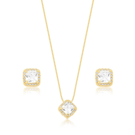 Conjunto Zircônia Quadrada e Borda Cravejada Folheado a Ouro 18K