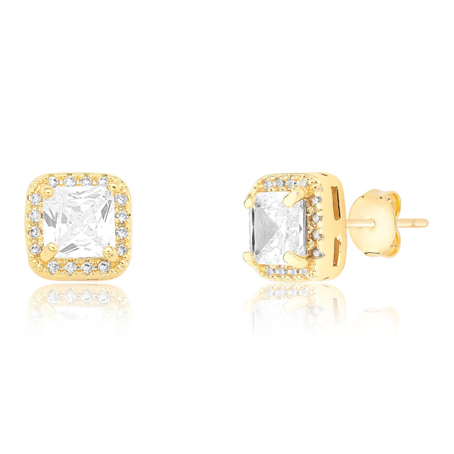 Conjunto Zircônia Quadrada e Borda Cravejada Folheado a Ouro 18K