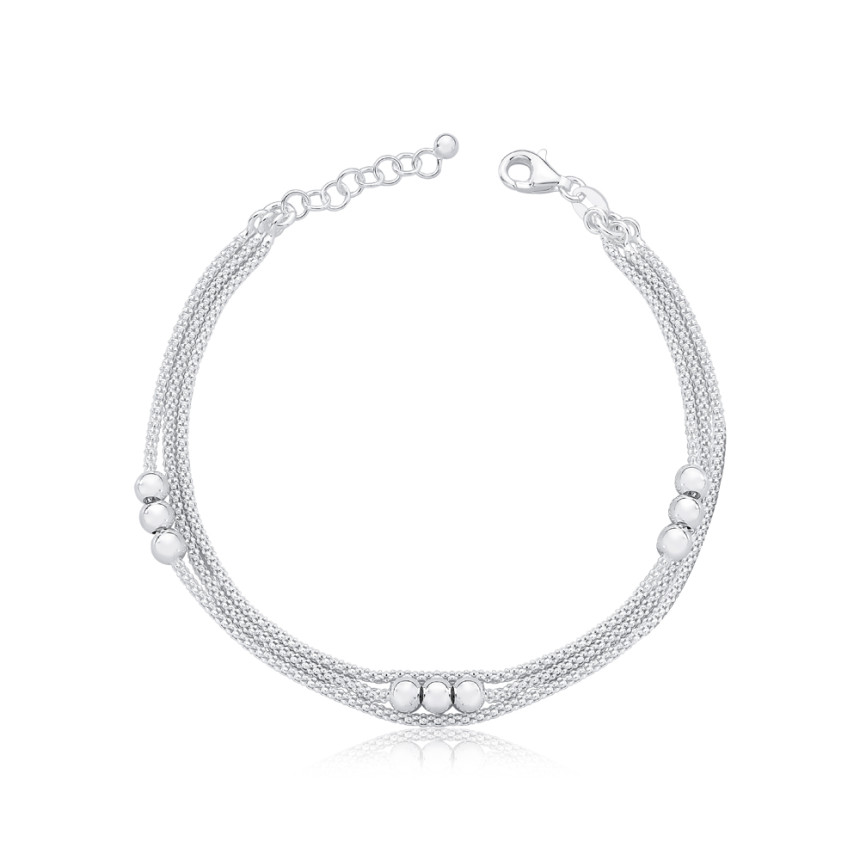 Pulseira Prata Pipoquinha Tripla c/ Trio Esferas