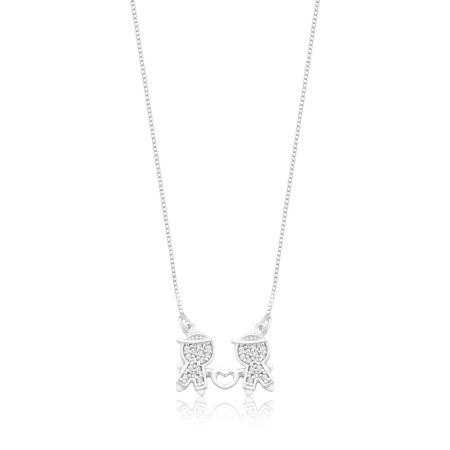 Gargantilha Prata Dois Meninos Cravejados c/ Coração Vazado