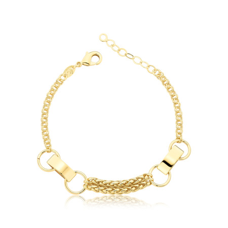Pulseira Portuguesa Dupla c/ Elos e Aros Folheada a Ouro 18k