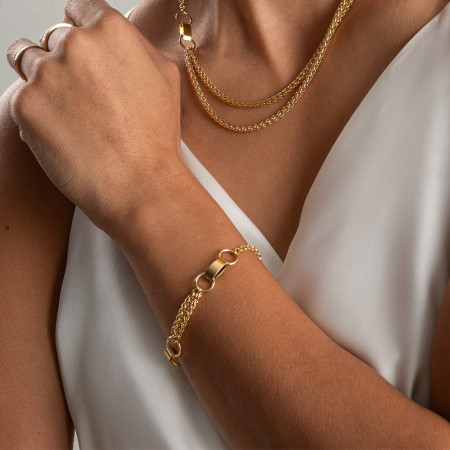 Pulseira Portuguesa Dupla c/ Elos e Aros Folheada a Ouro 18k