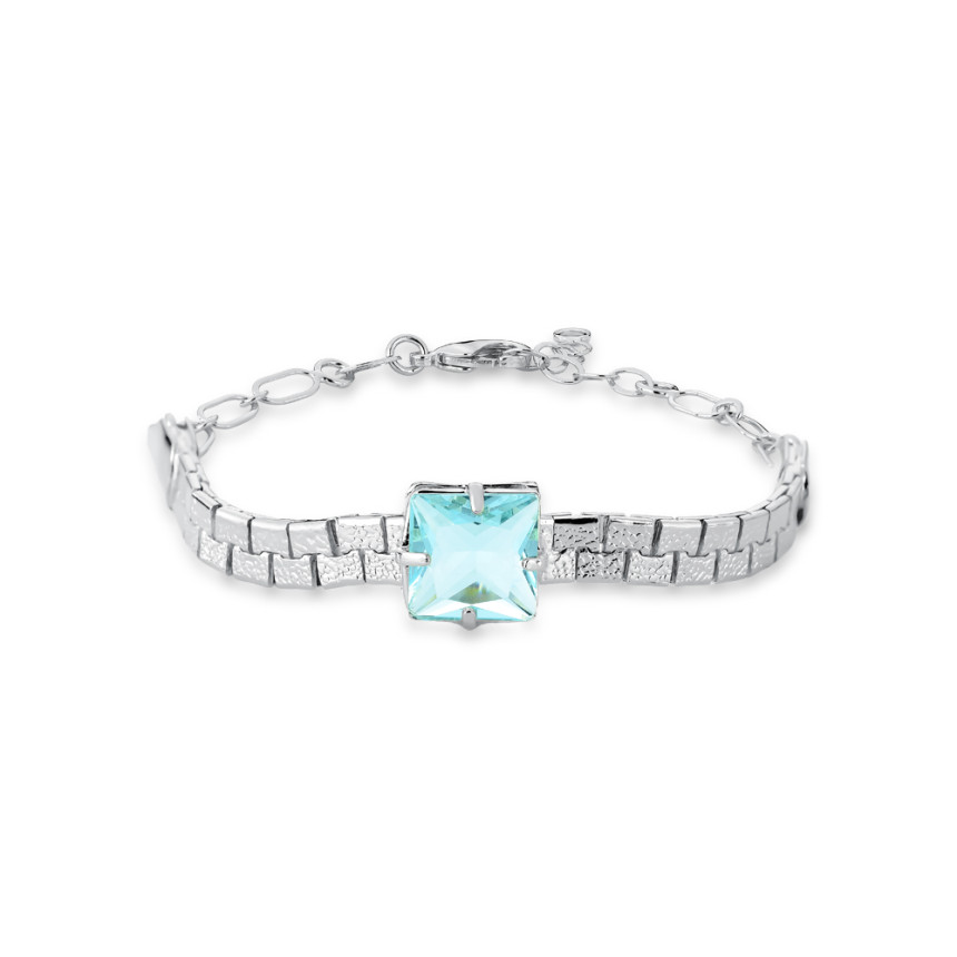 Pulseira Prata Leve Fita Acetinada c/ Elos e Zircônia Quadrada Acqua