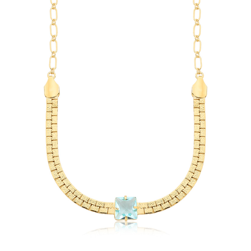 Choker Elos Fita Acetinada c/ Zircônia Quadrada Acqua Folheada a Ouro 18k