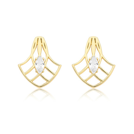 Brinco Leque Vazado c/ Zircônia Navete Folheado a Ouro 18k