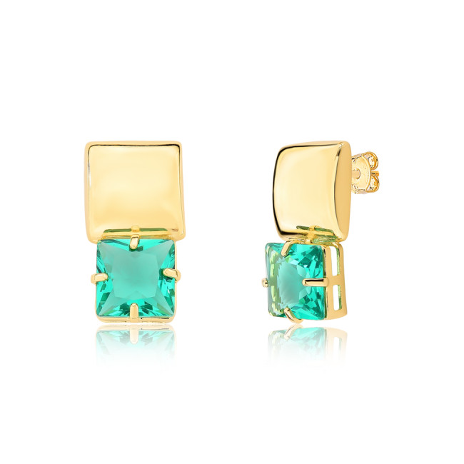 Brinco Quadrado Liso c/ Zircônia Turmalina Paraiba Folheada a Ouro 18k