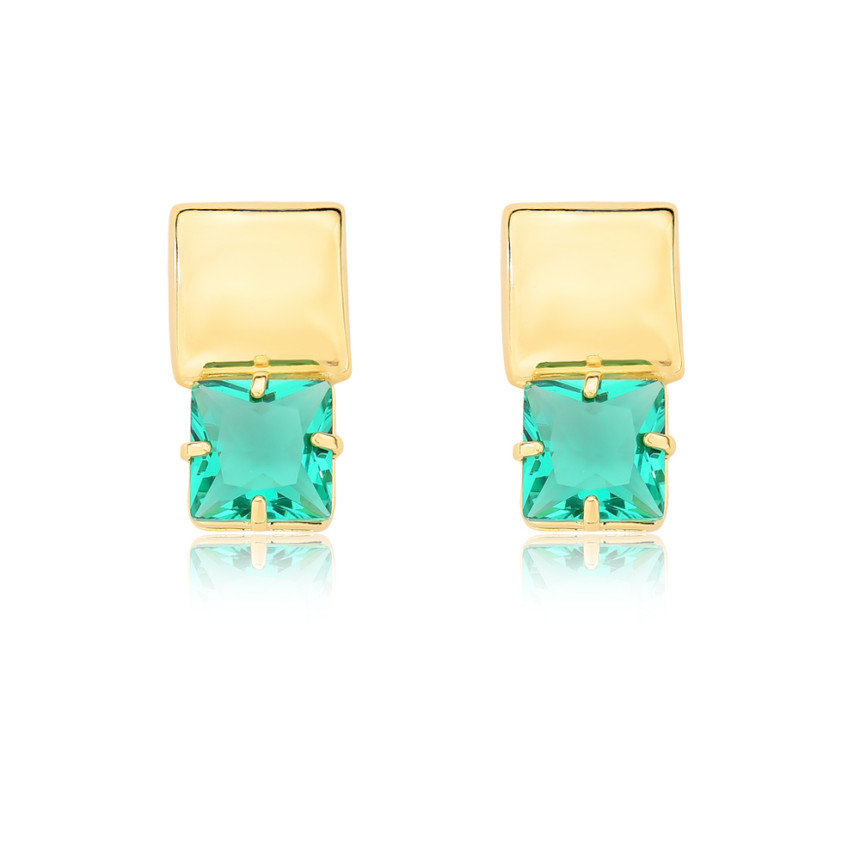 Brinco Quadrado Liso c/ Zircônia Turmalina Paraiba Folheada a Ouro 18k