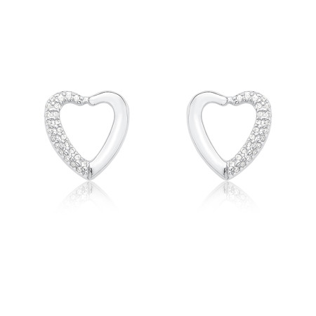 Brinco Prata Leve Fixo Coração Vazado Meio Liso Meio Cravejado