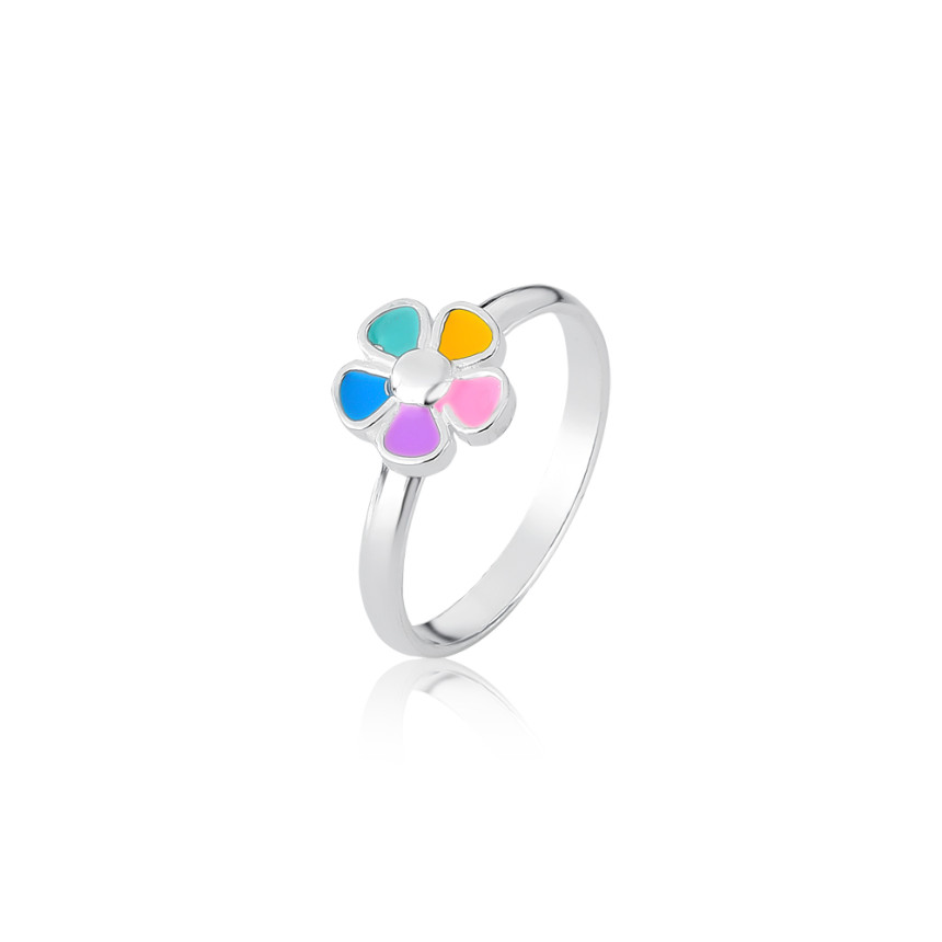 Anel Prata Infantil Florzinha Resina Colorida