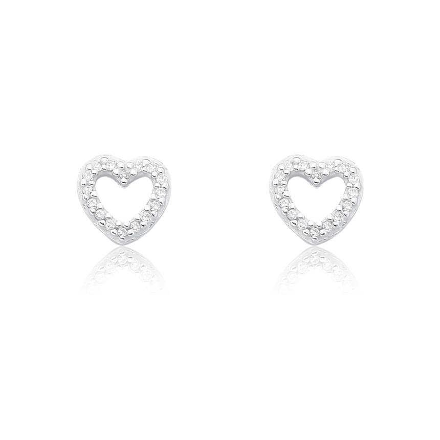 Brinco Prata Fixo Coração Vazado Cravejado (8mm)