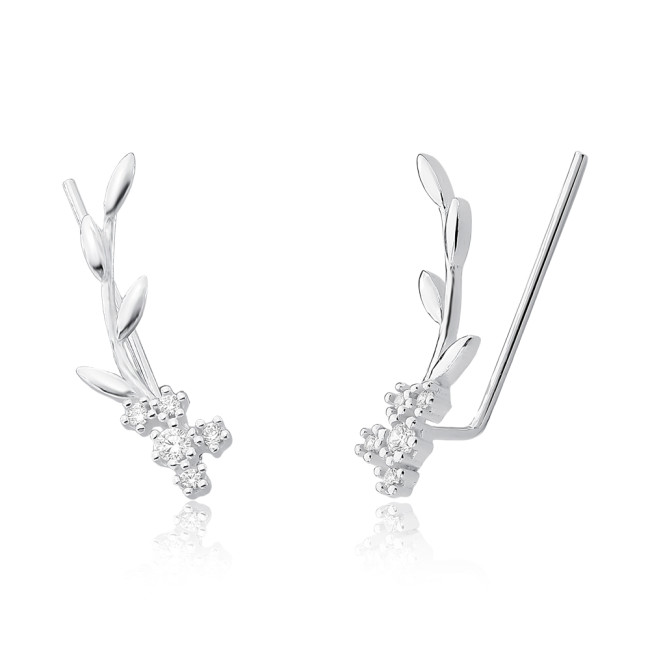 Brinco Prata Ear Cuff Ramo c/ Flores Detalhes Pontos Luz   