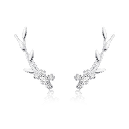 Brinco Prata Ear Cuff Ramo c/ Flores Detalhes Pontos Luz   