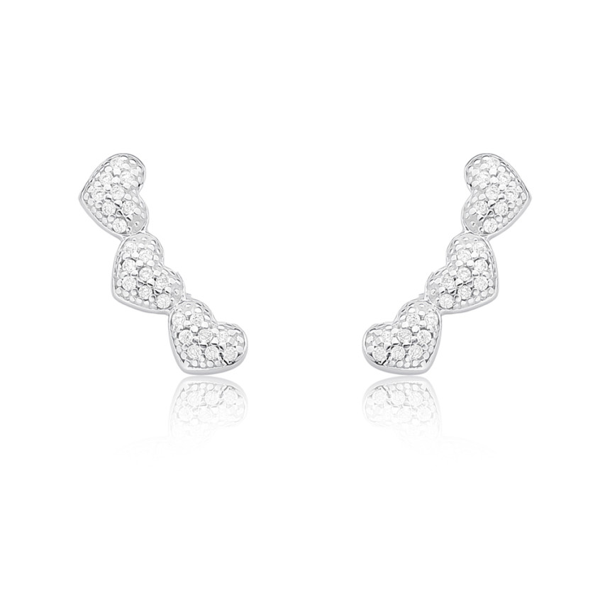 Brinco Prata Ear Cuff 3 Corações Cravejados