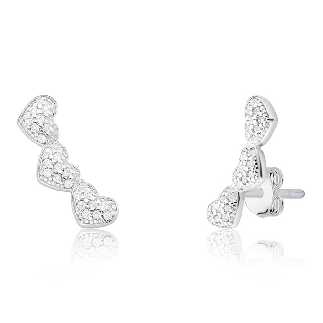Brinco Prata Ear Cuff 3 Corações Cravejados