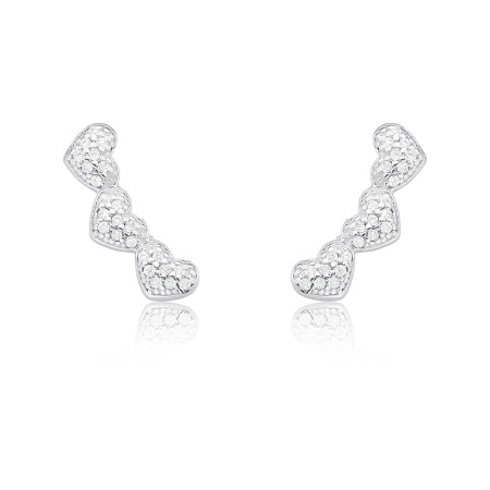 Brinco Prata Ear Cuff 3 Corações Cravejados