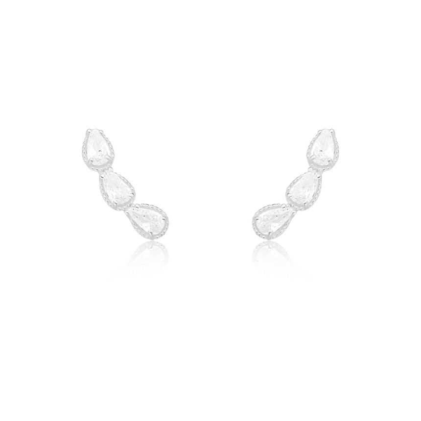 Brinco Prata Ear Cuff 3 Zircônias Gota