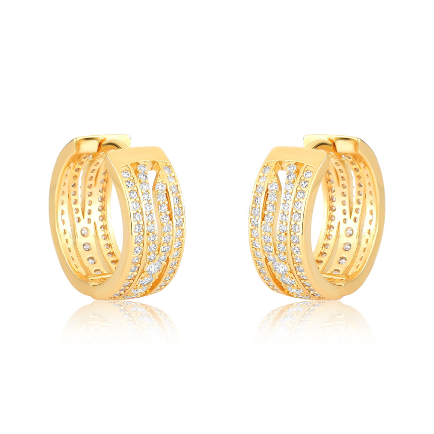 Argola Click Curvas c/ Fileiras Vazadas Cravejadas 18mm Folheada a Ouro 18k 