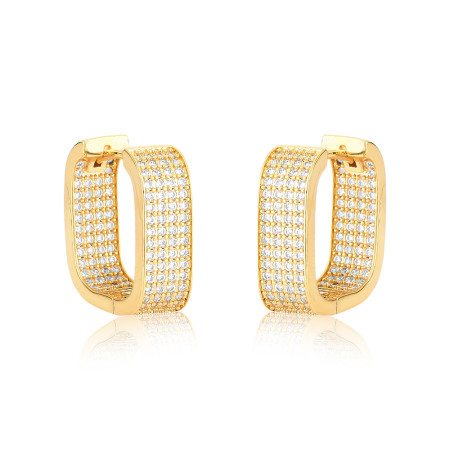 Argola Click Quadrada 4 Fileiras Cravejadas Parte Externa e Interna 20mm Folheada a Ouro 18k 