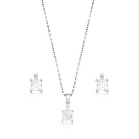 Conjunto Prata Zircônia Quadrada c/ Ponto Luz