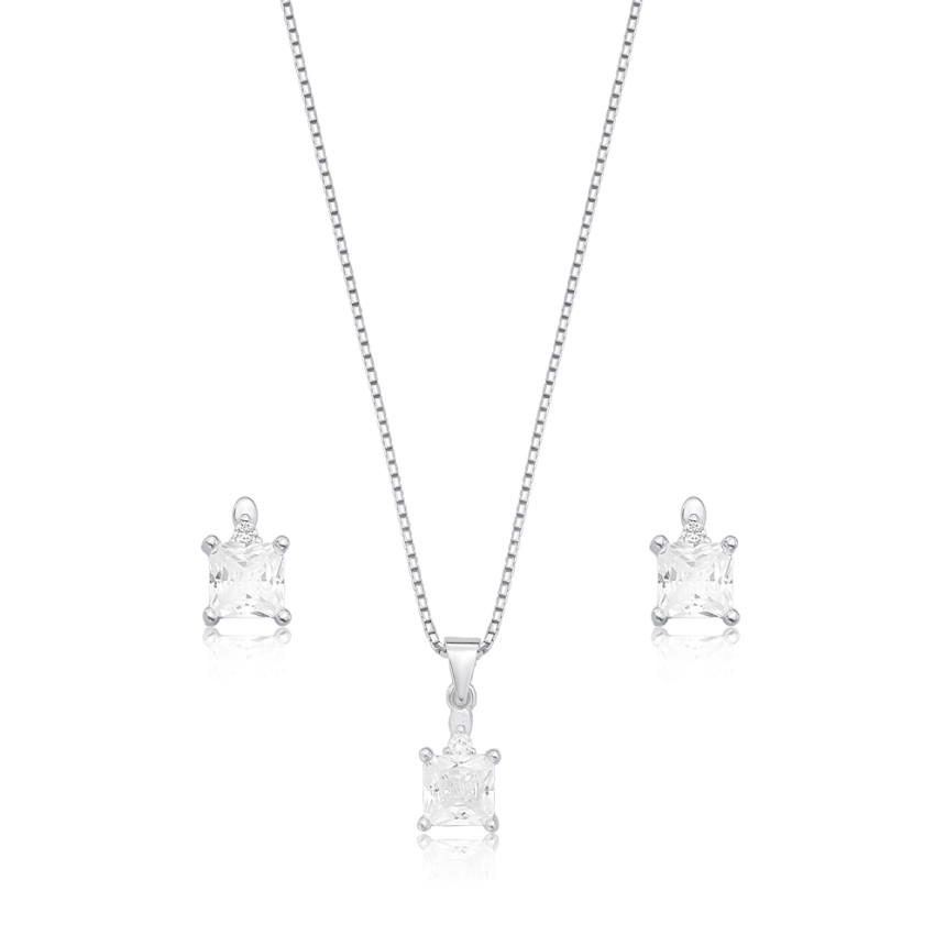 Conjunto Prata Zircônia Quadrada c/ Ponto Luz