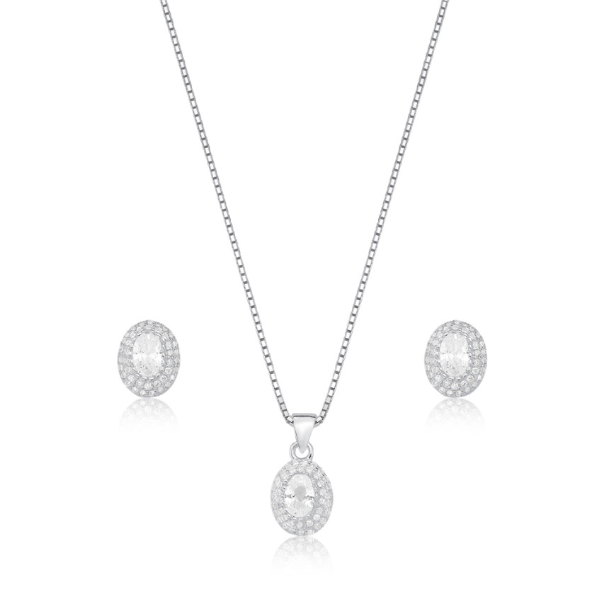 Conjunto Prata Zircônia Oval Embutida