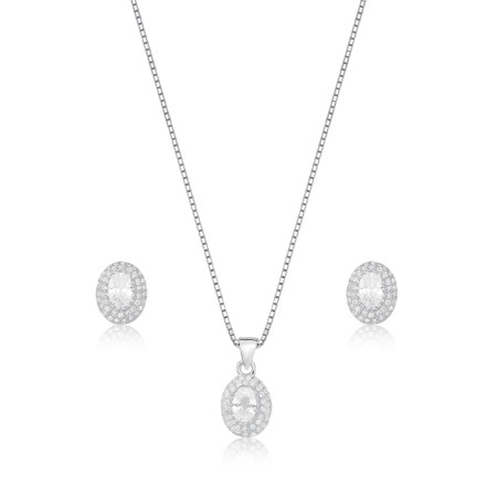 Conjunto Prata Zircônia Oval Embutida