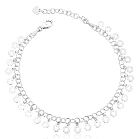 Pulseira Prata c/ Rodio Portuguesinha Mini medalhinhas Vazadas c/ Corações