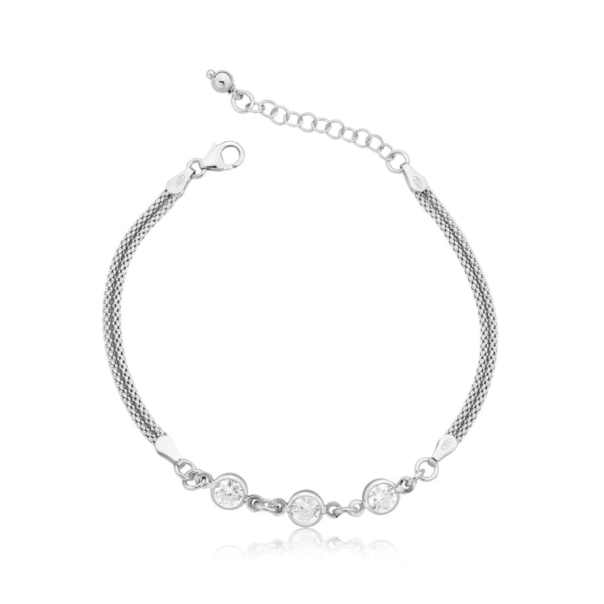 Pulseira Prata c/ Ródio Pipoquinha Dupla c/ 3 Zircônias Embutidas