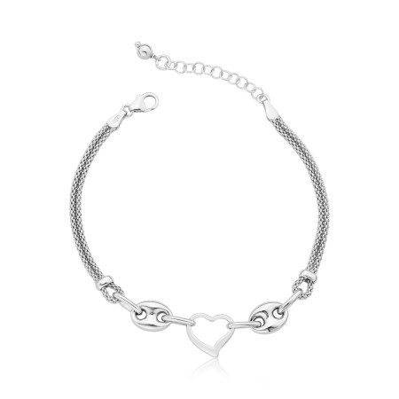 Pulseira Prata c/ Ródio Pipoquinha Elos  c/ Coração Vazado