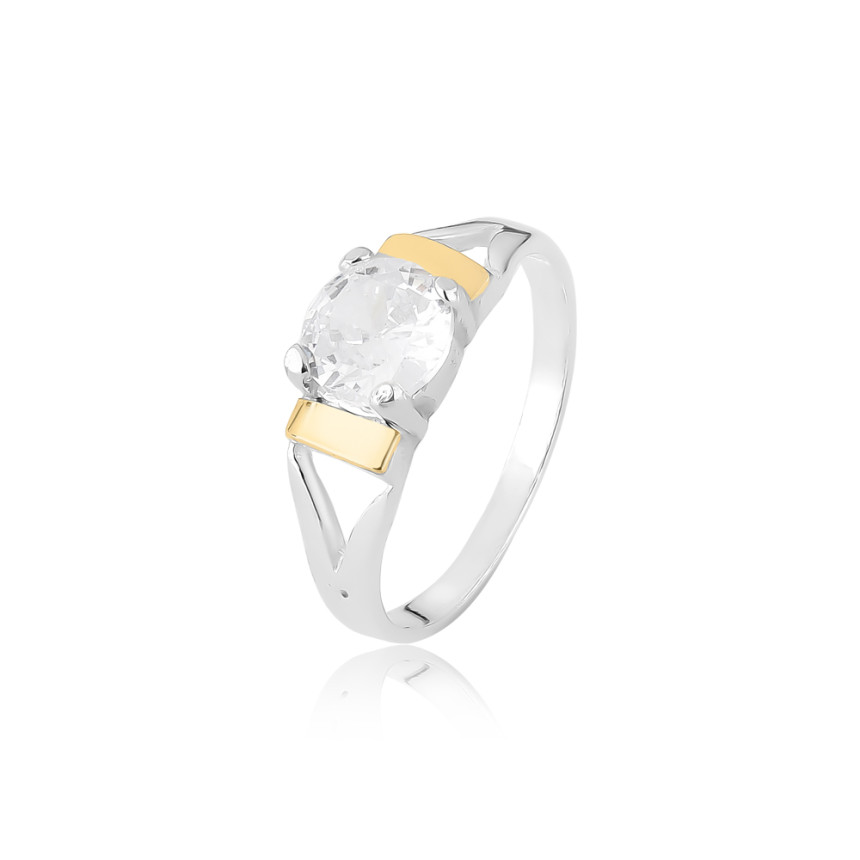 Anel Prata Solitário Zircônia 7mm c/ Aplique Ouro