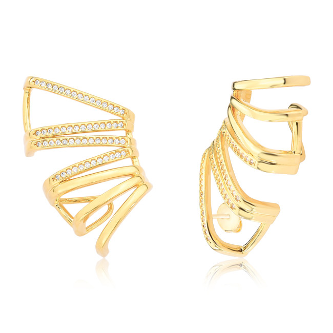 Brinco Ear Cuff Fios Lisos / Cravejados Zig Zag Folheado a Ouro 18k