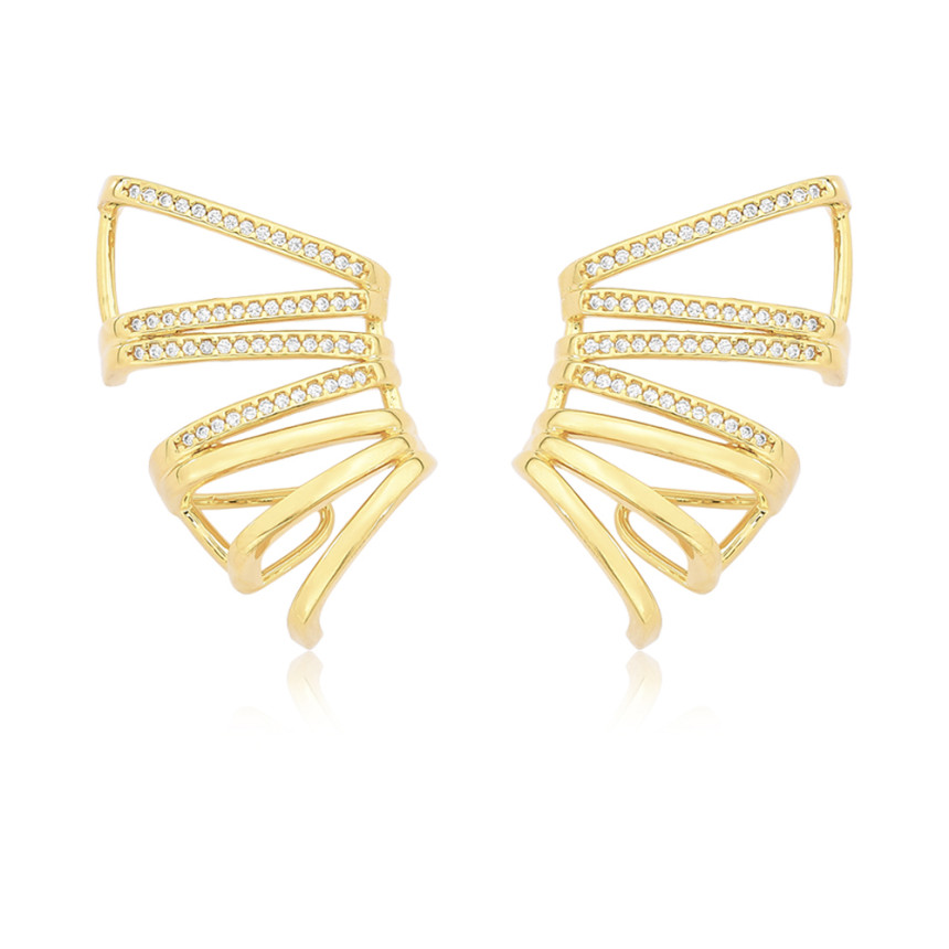 Brinco Ear Cuff Fios Lisos / Cravejados Zig Zag Folheado a Ouro 18k