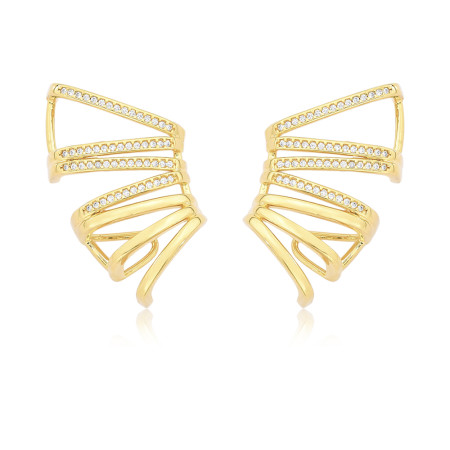 Brinco Ear Cuff Fios Lisos / Cravejados Zig Zag Folheado a Ouro 18k