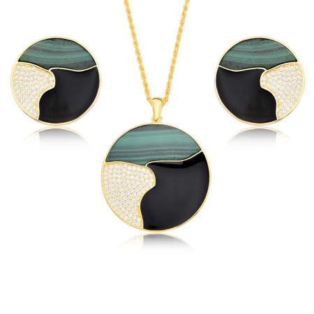 Conjunto Redondo Pedra Natural Malaquita Verde / Resina Preta / Cravejado Folheado a Ouro 18K       