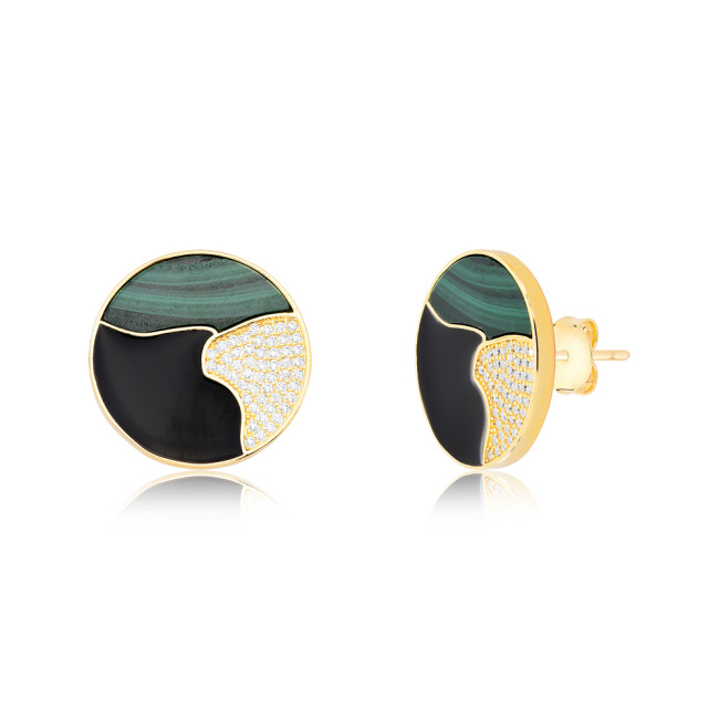 Conjunto Redondo Pedra Natural Malaquita Verde / Resina Preta / Cravejado Folheado a Ouro 18K       