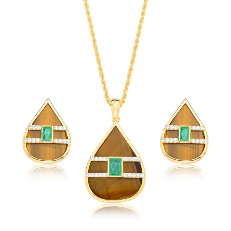 Conjunto Gota Pedra Natural Olho de Tigre e Malaquita Verde Central c/ Detalhes Cravejados Folheado a Ouro 18K