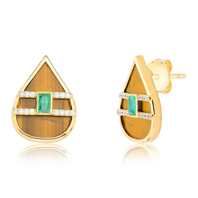 Conjunto Gota Pedra Natural Olho de Tigre e Malaquita Verde Central c/ Detalhes Cravejados Folheado a Ouro 18K