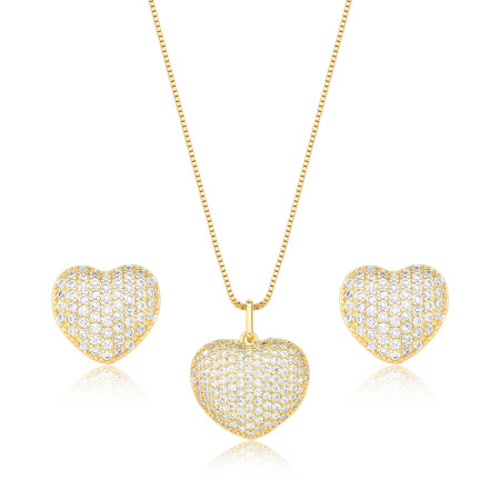 Conjunto Coração Cravejado 13mm Folheado a Ouro 18K   