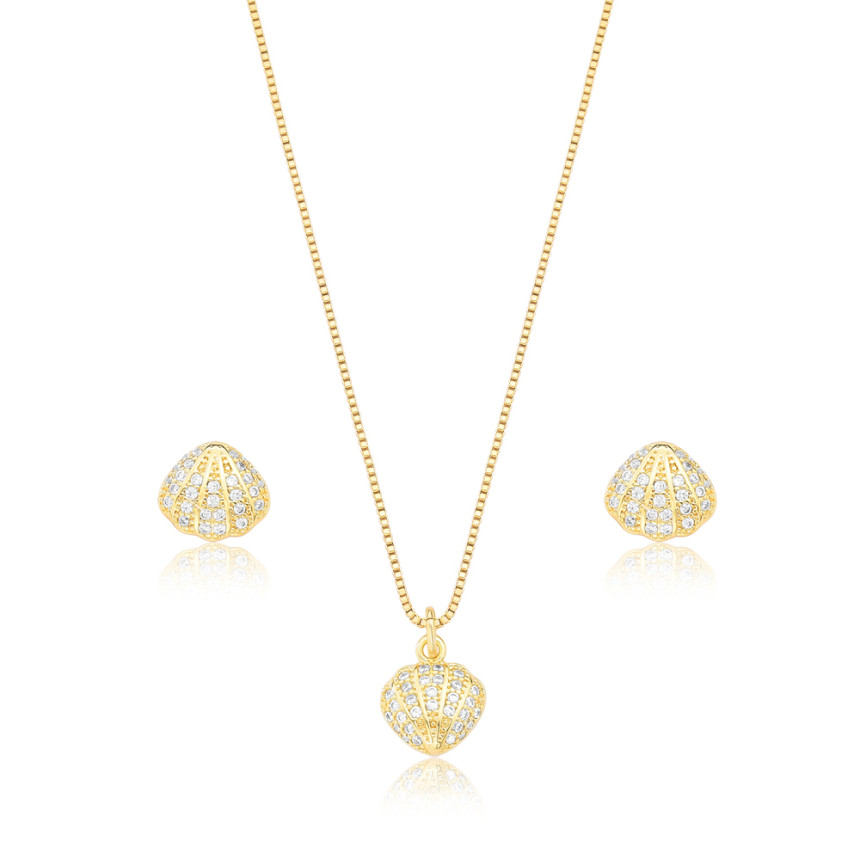 Conjunto Concha do Mar Cravejado Folheado a Ouro 18K   