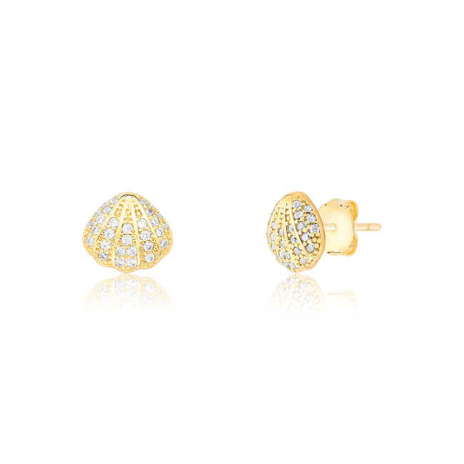 Conjunto Concha do Mar Cravejado Folheado a Ouro 18K   