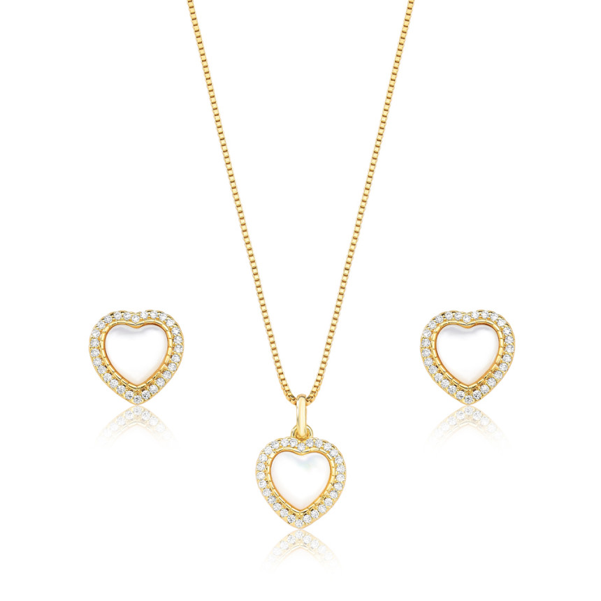 Conjunto Coração c/ Madrepérola Central e Borda Cravejada Folheado a Ouro 18K