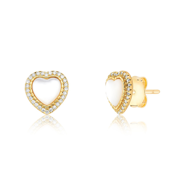 Conjunto Coração c/ Madrepérola Central e Borda Cravejada Folheado a Ouro 18K