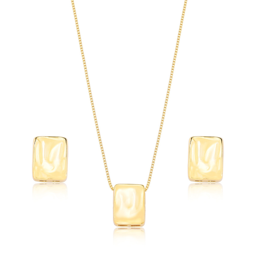 Conjunto Retangular Liso "Amassado" Folheado a Ouro 18K    