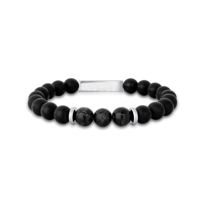 Pulseira Aço Rosso Shambala Onix Foscas e Trabalhadas c/ Placa   