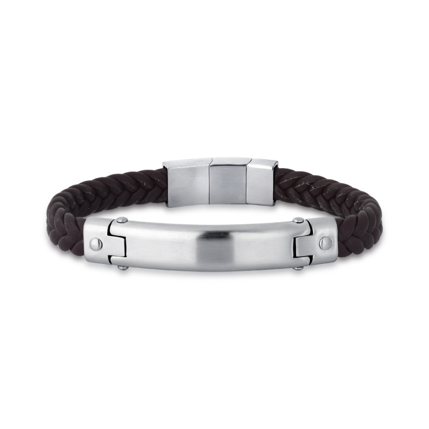 Pulseira Aço Rosso Couro Marrom Trançado c/ Placa Fosca 21cm 