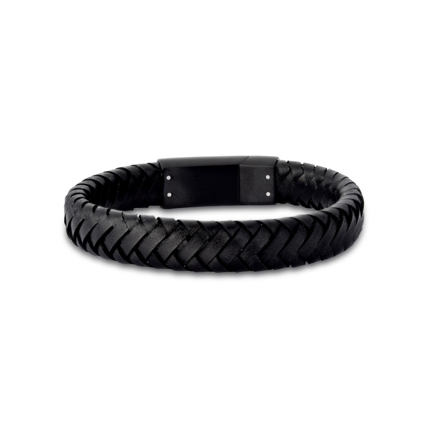 Pulseira Aço Rosso Couro Preto c/ Fecho Black 20cm