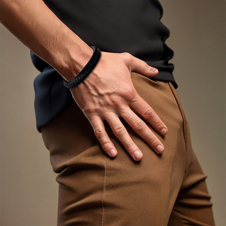 Pulseira Aço Rosso Couro Preto c/ Fecho Black 20cm