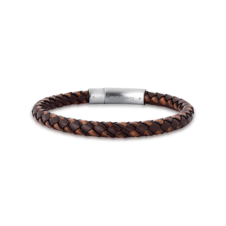 Pulseira Aço Rosso Couro Marrom Mesclado c/ Fecho Steel 20cm