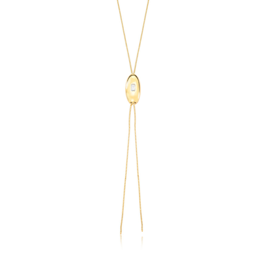 Gargantilha Gravatinha Pingente Oval c/ Zircônia Retangular Folheada a Ouro 18k   
